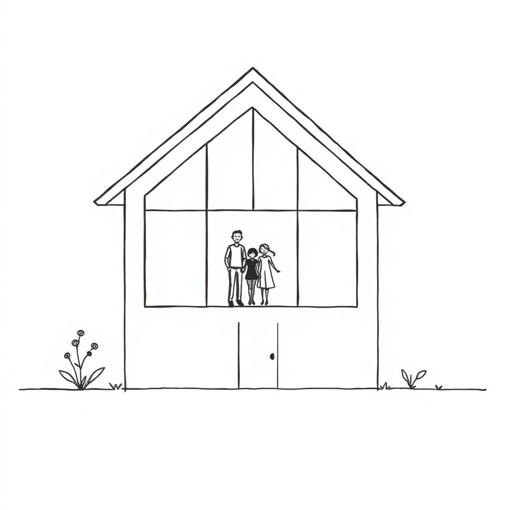 Ilustración minimalista de la reestructuración familiar: figuras de una familia unida sobre una cuadrícula de plano de construcción